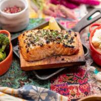 Grilled Cedar Plank Salmon · wester ross premium scottish salmon filet roasted on cedar wood served with mashed potatoes ...