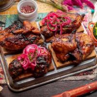 Grilled Cedar Plank Whole Free Range Chicken (8 Pcs) · bbq roasted on cedar wood dressed with lime + pickled red onion and served with mashed potat...