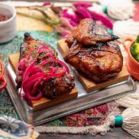 Cedar Plank 1/2 Free Range Chicken (4 Pcs) · bbq roasted on cedar wood dressed with lime + pickled red onion and served with mashed potat...