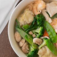 Wonton Soup · Tender chicken dumplings in delicately seasoned chicken broth with shrimp, chicken, broccoli...