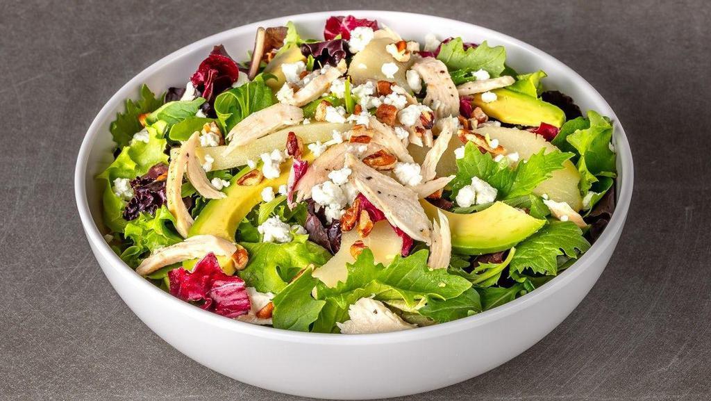 The Cafe · roasted chicken, mixed greens, avocado, crumbled goat cheese, pears, pecans, with balsamic vinaigrette dressing. Served with Fresh Baked Focaccia Bread