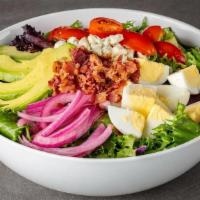 Keto Cobb Salad · mixed greens, chopped greens, hard boiled egg, avocado, tomatoes, pickled onions, gorgonzola...