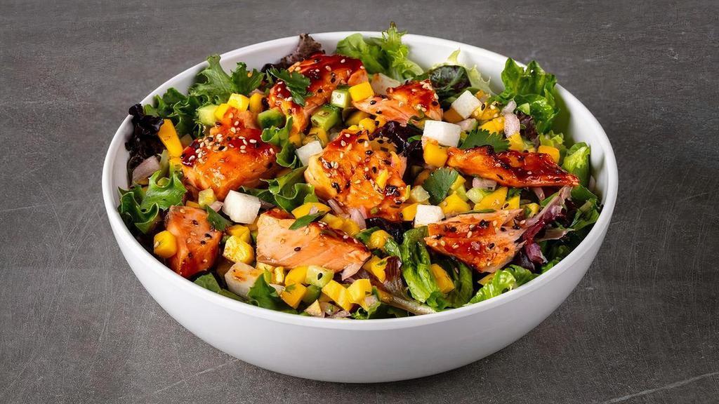 Salmon Salad · bbq glazed salmon, chopped salad mix, mixed greens,  edamame, diced jicama, mango salsa, sesame seeds, served with chipotle ranch. Served with Fresh Baked Focaccia Bread.