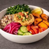 Mediterranean Bowl · mixed whole grain rice, marinated kale, roasted sweet potatoes, tomatoes, cucumbers, pickled...