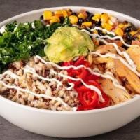 Baja Bowl · southwest chicken, mixed whole grain rice, marinated kale, corn & black bean salsa, fresno c...
