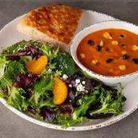 Tomato Bisque + Side Salad · bowl of soup served with house side salad with Balsamic Vinaigrette & fresh focaccia bread (...
