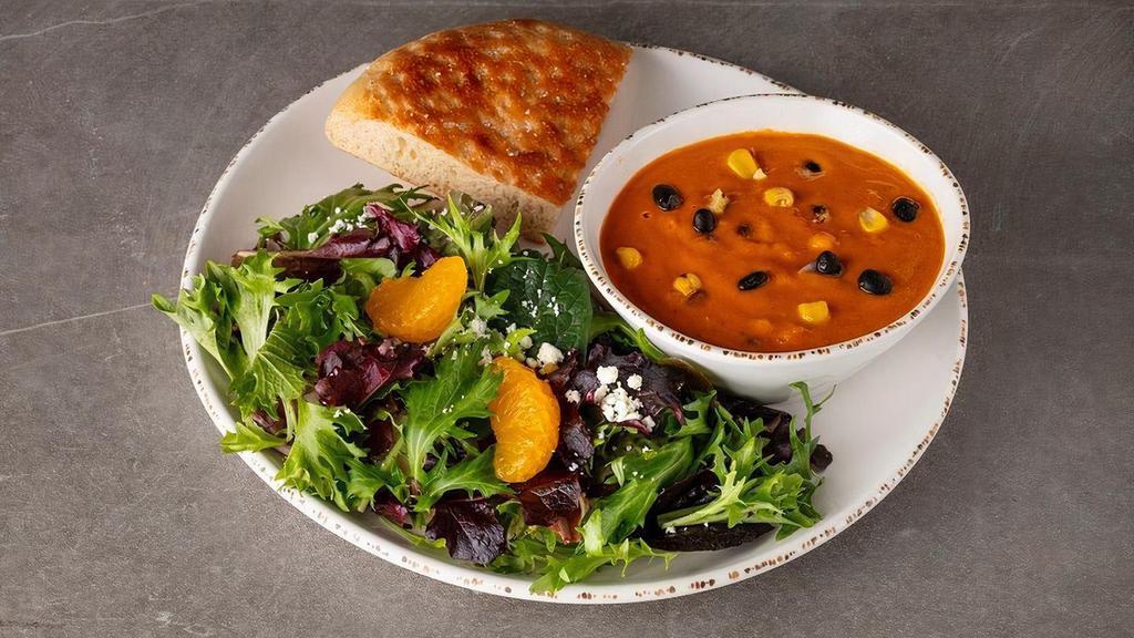 Broccoli Cheddar + Side Salad · bowl of soup served with house side salad with Balsamic Vinaigrette & fresh focaccia bread (Vegetarian)