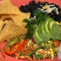 Gluten Free Huevos A La Mexicana Breakfast · Tofu scramble, onions, red and green bell peppers, tomatoes, jalapenos & avocado. Served wit...