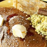 The Grain Pancakes · Vegan. 2 pancakes, tofu eggs, hash browns & vegan sausage or tempeh bacon.