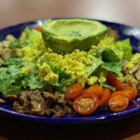 Cobb Salad · Vegan. Chopped romaine hearts, tofu eggs, cherry tomatoes, tempeh bacon, chicken and avocado...