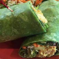 Chicken Curry Wrap · Vegan. Curry chicken, mixed greens, carrots, cherry tomatoes, cucumbers, wrapped in a spinac...