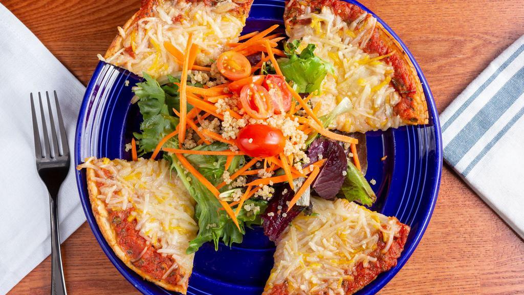 Cheese Pizza · Soy free, gluten free, vegan. Classic cheese or create your own pizza. marinara sauce & daiya cheese.