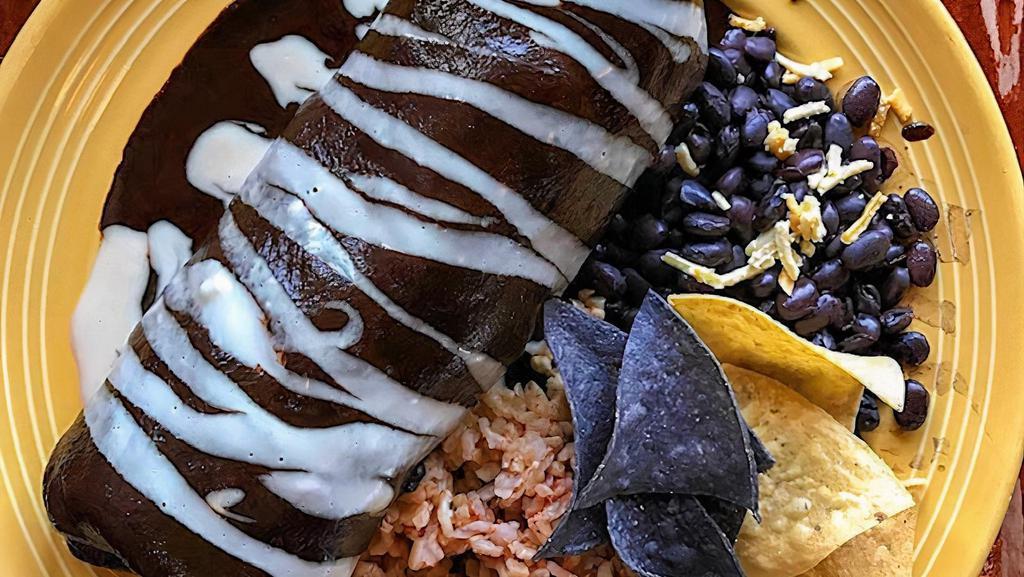 Mole Burrito · Vegan. Daiya cheese, mushrooms, onions, zucchini, cabbage, chard, bell peppers with your choice of chicken, tempeh or burger patty wrapped in a spinach tortilla topped with our homemade mole sauce.
