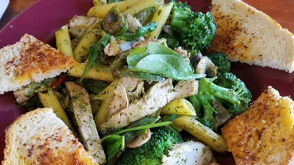 Chicken Pesto Pasta · Vegan. Chicken, broccoli, zucchini, mushrooms, green bell peppers, & spinach with pesto sauce.