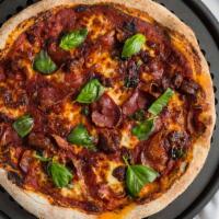 Charcuterie Pizza · Pomodoro, fior di latte mozzarella, la quercia nduja + prosciutto, basil.