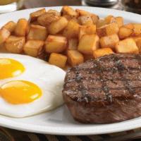 Top Sirloin Steak & Eggs · A tender, seasoned 8 oz. top sirloin steak paired with two farm-fresh eggs. Served with cris...