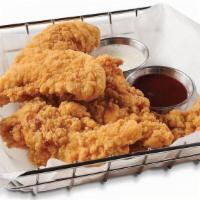 Chicken Strips · Crispy, breaded chicken strips served with choice  of ranch or BBQ sauce for dipping. Serves...