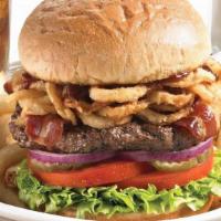 Barbwire Bbq Burger · Topped with applewood-smoked bacon, crispy onion straws, fresh lettuce,  tomato, red onions,...