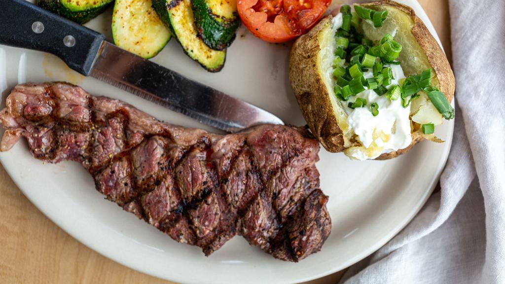 Petite New York Steak · A tender and juicy 6 oz. New York steak charbroiled and grilled to perfection. Served with choice of two dinner sides.