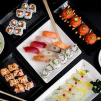 Matsu Sushi Platter · 2 pcs of tuna, 1 piece of seared tuna, salmon, yellowtail, halibut, albacore, shrimp, 6 pcs ...