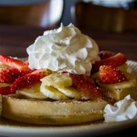 Fresh Fruits Waffle (7:30Am-3Pm) · Waffle with Fresh Strawberry, Banana, Whip Cream topping and  Maple syrup.