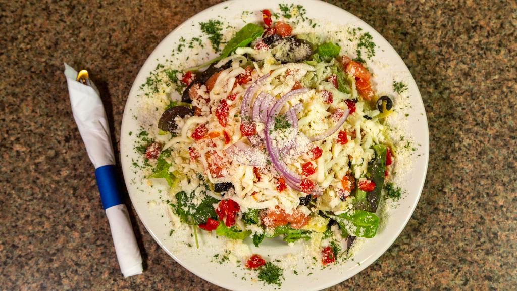 Specialty Salad · Mixed greens, roasted peppers, olives, artichoke hearts, tomato, mozzarella, red onion.