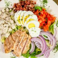 Cobb Salad · Grilled chicken, bacon, bleu cheese crumbles, tomato, egg, red onion.