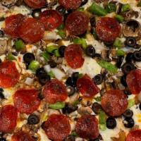 Combination · Red sauce, sausage, pepperoni, peppers, mushrooms, onions, Canadian bacon, olives.