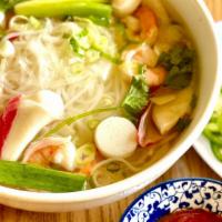Pho Seafood (Serves 6) · Shrimp, imitation crab & fish balls in a chicken broth. Low carb option: less noodle, more p...