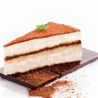 Tiramisu · A slice of delightful lady finger pastry with a custard filling and a slight rum flavor.