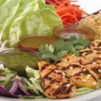 Thai Lettuce Wraps With Chicken · Create Your Own Thai Lettuce Rolls! Satay Chicken Strips, Carrots, Bean Sprouts, Coconut Cur...
