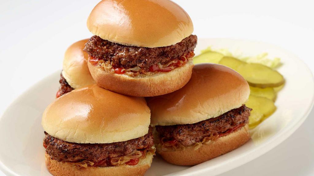 Roadside Sliders With French Fries · Bite-Sized Burgers on Mini-Buns Served with Grilled Onions, Pickles and Ketchup