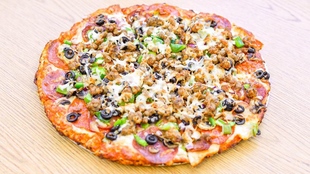 Combination · Pepperoni, salami, Italian sausage, beef, linguica, mushrooms, black olives, green peppers, onions.