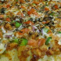 Chicken Combo · Your choice of pizza sauce or creamy garlic sauce, with mushrooms, green peppers, fresh toma...