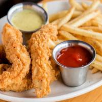 Chicken Tenders · Beer battered to order, poblano honey mustard, french fries.