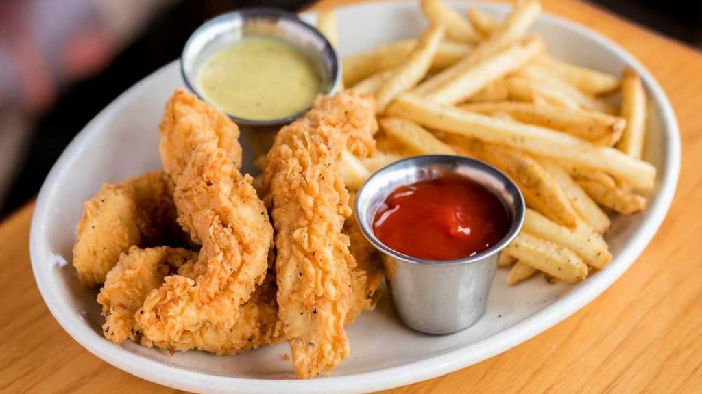 Chicken Tenders · Beer battered to order, poblano honey mustard, french fries.