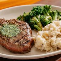 Sirloin Steak (10Oz) · Grilled, garlic parsley butter, housemade garlic mashed potatoes, sautéed broccoli. **Discla...