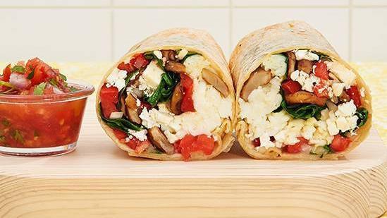 Eat Your Veggies Breakfast Burrito · Two scrambled eggs, sauteed mushrooms, spinach, grilled onions, diced tomato, avocado, and melted cheese wrapped in a fresh flour tortilla.