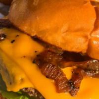 Cheese Burger · Rib-eye patty, American cheese, iceberg lettuce, vine ripe tomato, pickles, caramelized onio...
