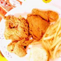 Half Dinner · Four pieces (breast, leg, thigh, or wing) and 1 side order ( french fries, cole slaw, mashed...