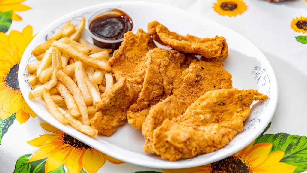 Chicken Tender Combo · (3, 4, 5, or 10 pieces) Chicken Tenders, 1 BBQ, 1 Side Order (french fries, cole slaw, mashed potatoes, fried rice)