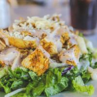 Cajun Chicken Salad · Famous Cajun chicken, parmesan cheese, croutons, romaine lettuce, and sweet poppy seed dress...