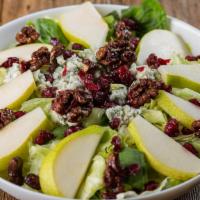 Harvest Salad · 530 cal. Romaine & iceberg lettuce, spinach leaves, sliced fresh pear, craisins, candied wal...