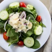 Side Salad · 90 cal. Romaine & iceberg lettuce, spinach leaves, cucumbers, grape tomatoes, red onion & sh...