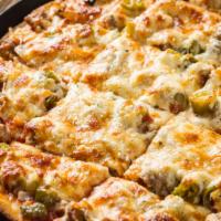 Sausage Supreme · Pizza Sauce, Pizza Cheese, Italian Sausage, Mushrooms, Onions and Green Peppers.