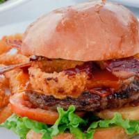 Wild West Burger · Applewood smoked bacon, onion rings, BBQ sauce, cheddar cheese, lettuce, tomato, and mayo.
