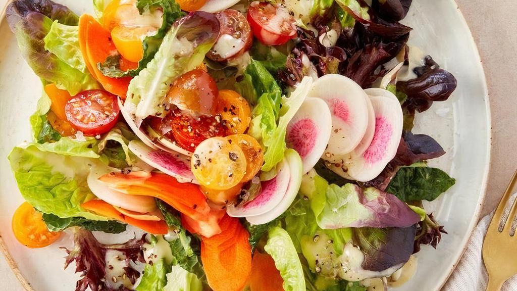Not So Simple Salad · House gem lettuce mix, carrots, watermelon radish, tomatoes, and a side of GCC Dijon mustard vinaigrette. Gluten-free, dairy-free, and vegan