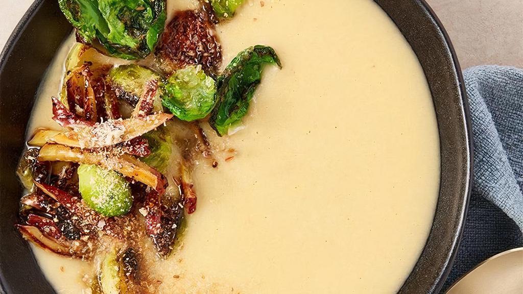 Japanese Sweet Potato Soup · With glazed and roasted brussels sprouts. Gluten-free, dairy-free, and vegan