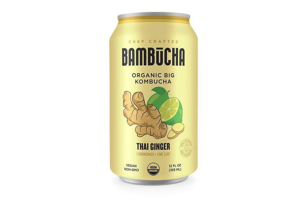 Bambucha - Thai Ginger · Ginger + Lemongrass + Kaffir Lime. Inspired by southeast Asian aromatics, Thai Ginger combines fresh ginger root, kaffir lime leaf and lemongrass. The spicy burn of the ginger is brightened with fresh squeezed lime juice, making every sip an exotic adventure. Enjoy it straight up, or use it as a healthy alternative to high sugar ginger beers in your favorite cocktails.