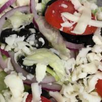 Garden Salad · Lettuce, onions, olives, tomato, mozzarella cheese, and side of dressing.